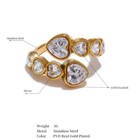 Diva Multicolor Crystal Heart 18K Gold Stainless Steel Waterproof Ring - Picture 16 of 17